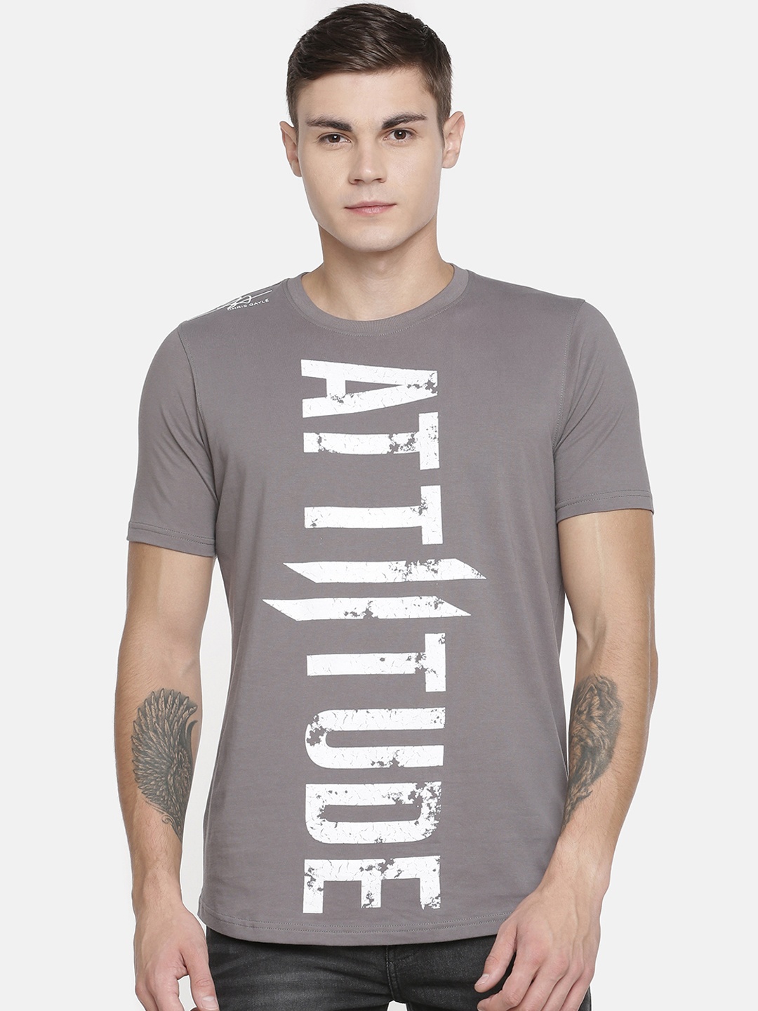 

ATTIITUDE Men Grey Printed Round Neck Slim Fit T-shirt