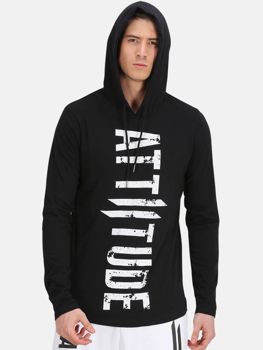 

ATTIITUDE Men Black & White Printed Hood Slim Fit T-shirt