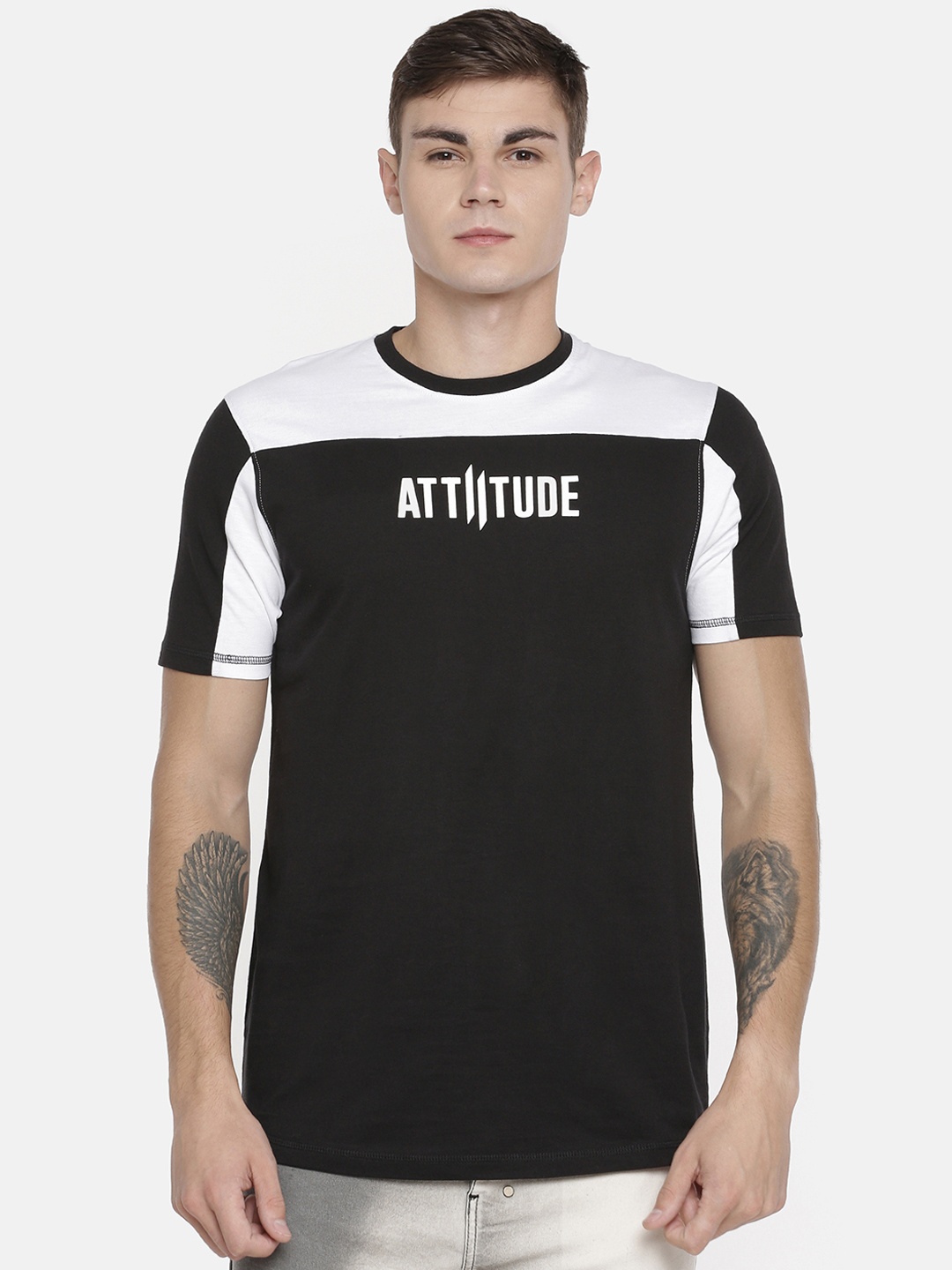 

ATTIITUDE Men Black & White Printed Round Neck Slim Fit T-shirt