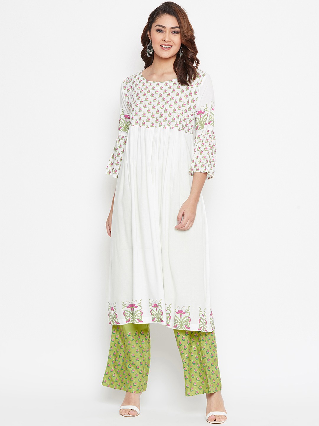 

Bitterlime Women Off-White & Lime Green Printed Kurta with Palazzos