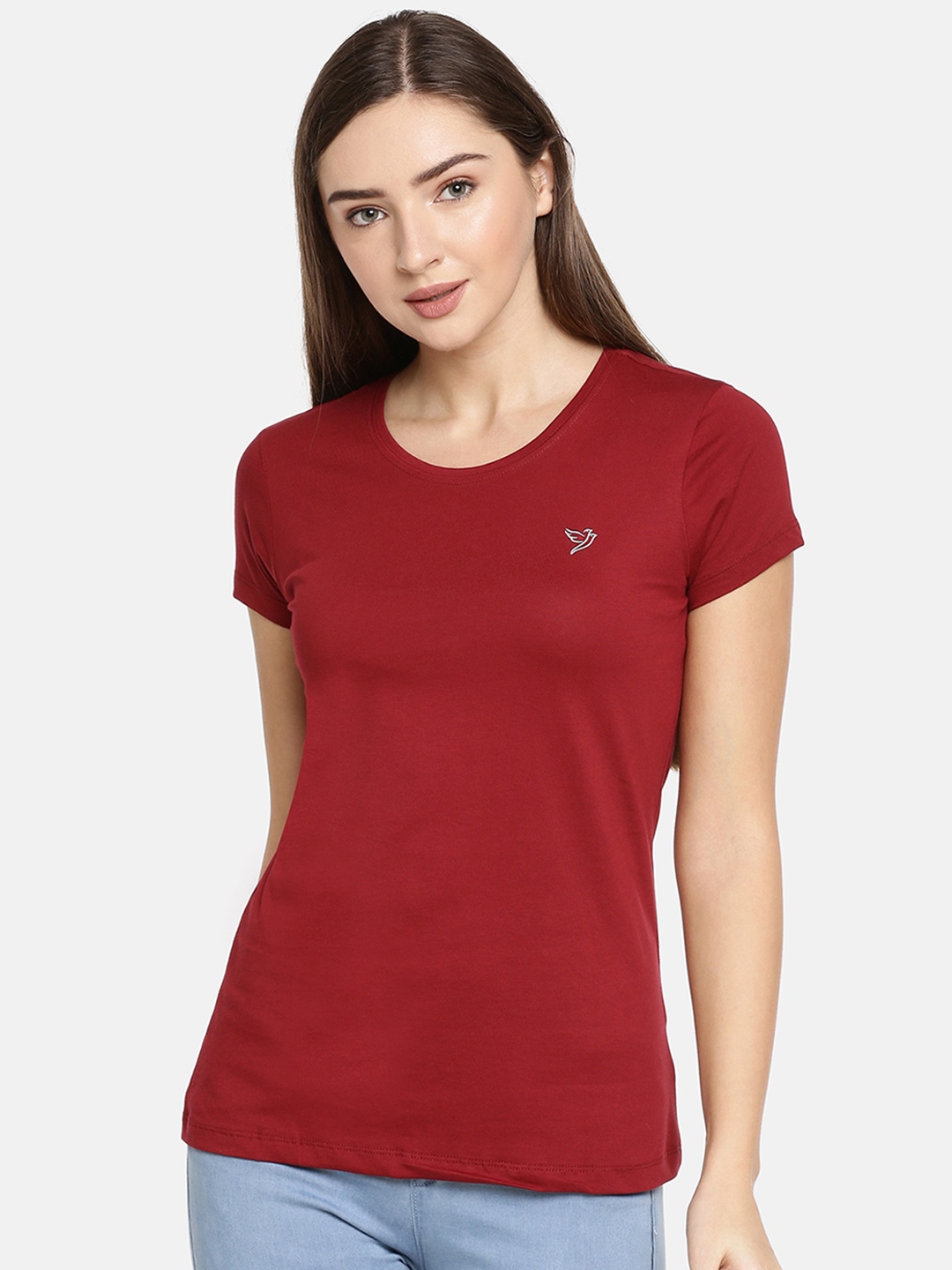 

TWIN BIRDS Women Maroon Solid Round Neck Pure Cotton T-shirt