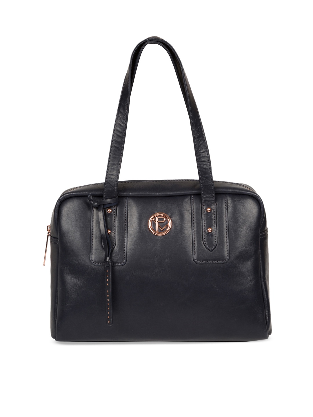 PURE LUXURIES LONDON Navy Blue Solid Leather Handheld Bag