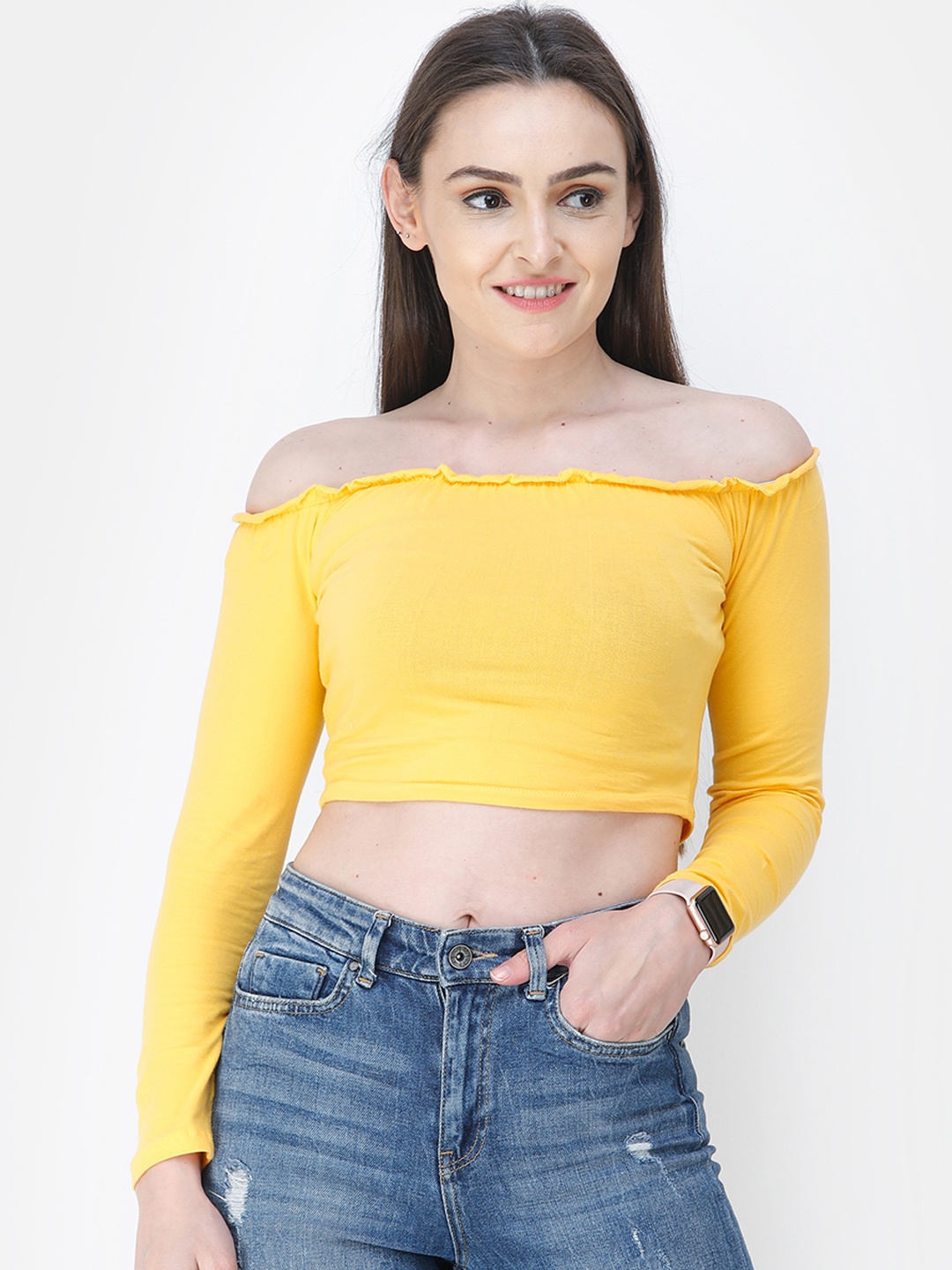 

Cation Women Yellow Solid Bardot Pure Cotton Top