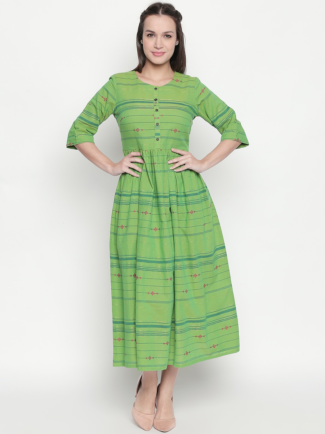 

AKKRITI BY PANTALOONS Women Lime Green Striped Fit and Flare Dress