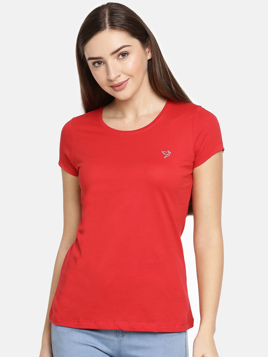 TWIN BIRDS Women Red Solid Round Neck Pure Cotton T-shirt