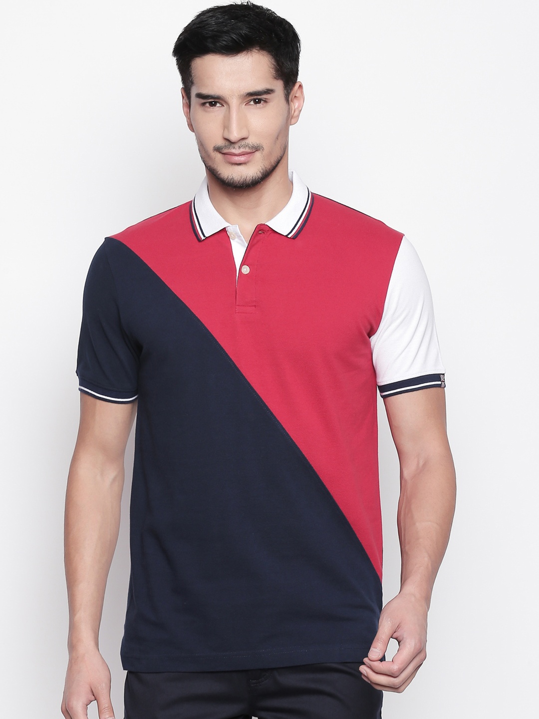 

BYFORD by Pantaloons Men Red Black Colourblocked Polo Collar Pure Cotton T-shirt