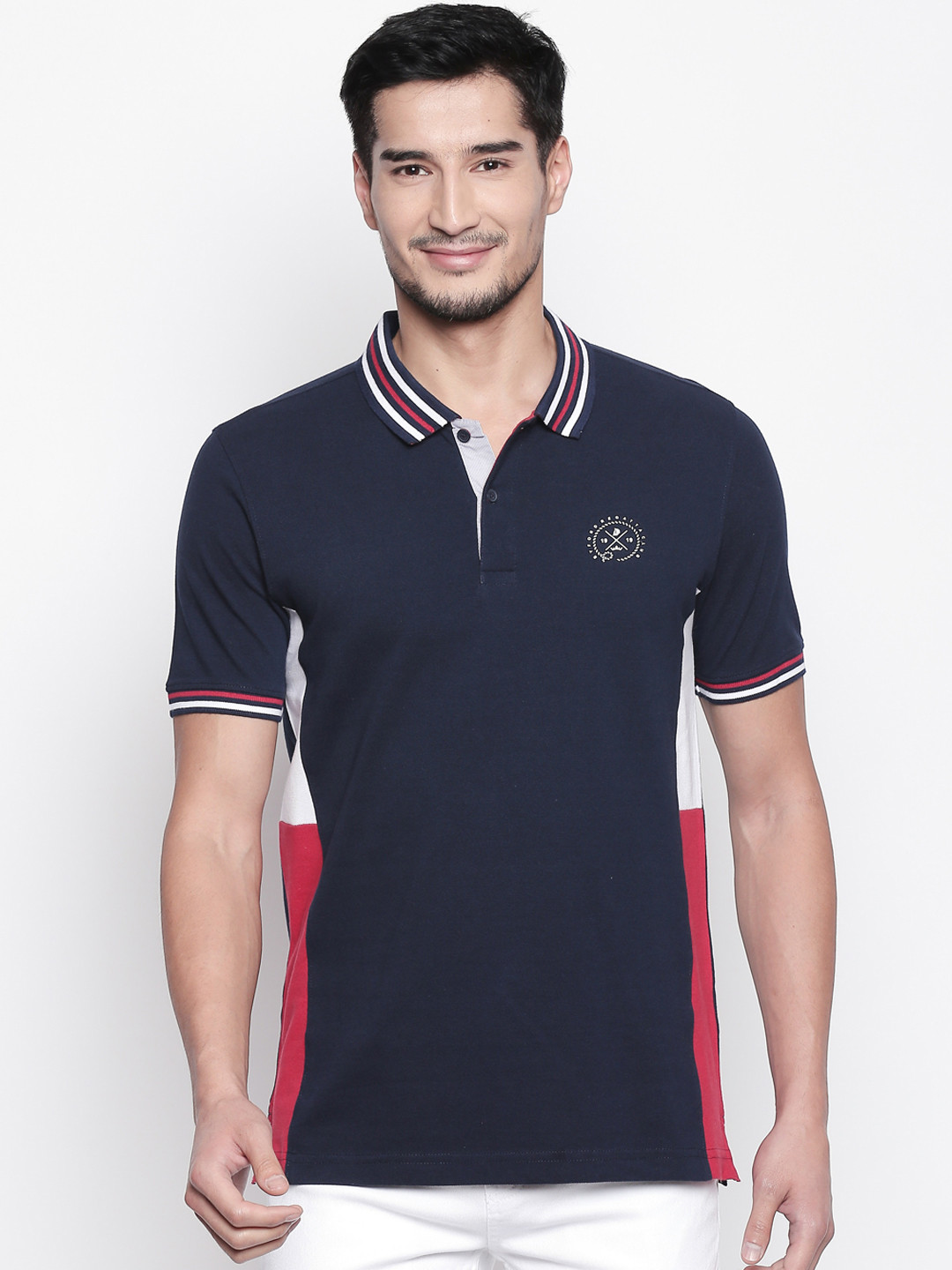 

BYFORD by Pantaloons Men Navy Blue White Colourblocked Polo Collar Pure Cotton T-shirt