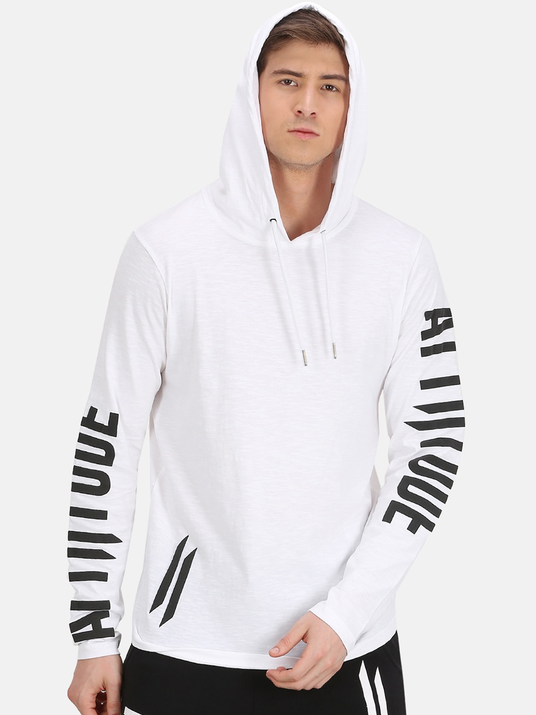 

ATTIITUDE Men White Printed Hooded Slim Fit T-shirt