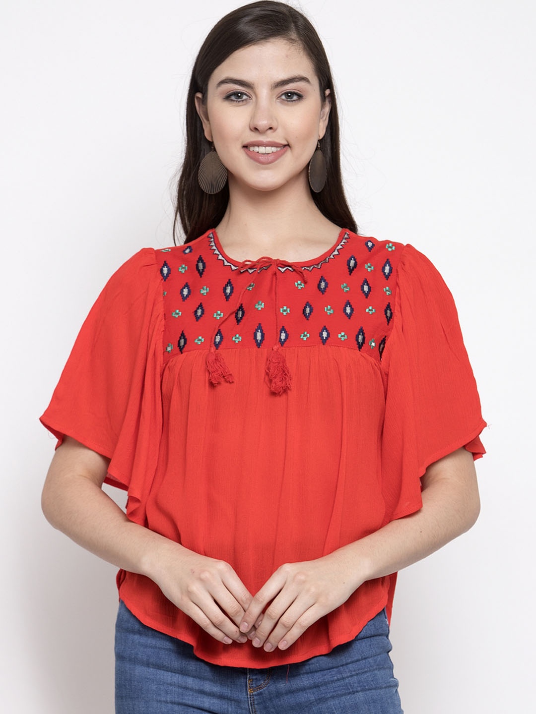 

Purple State Women Red Embroidered A-Line Top