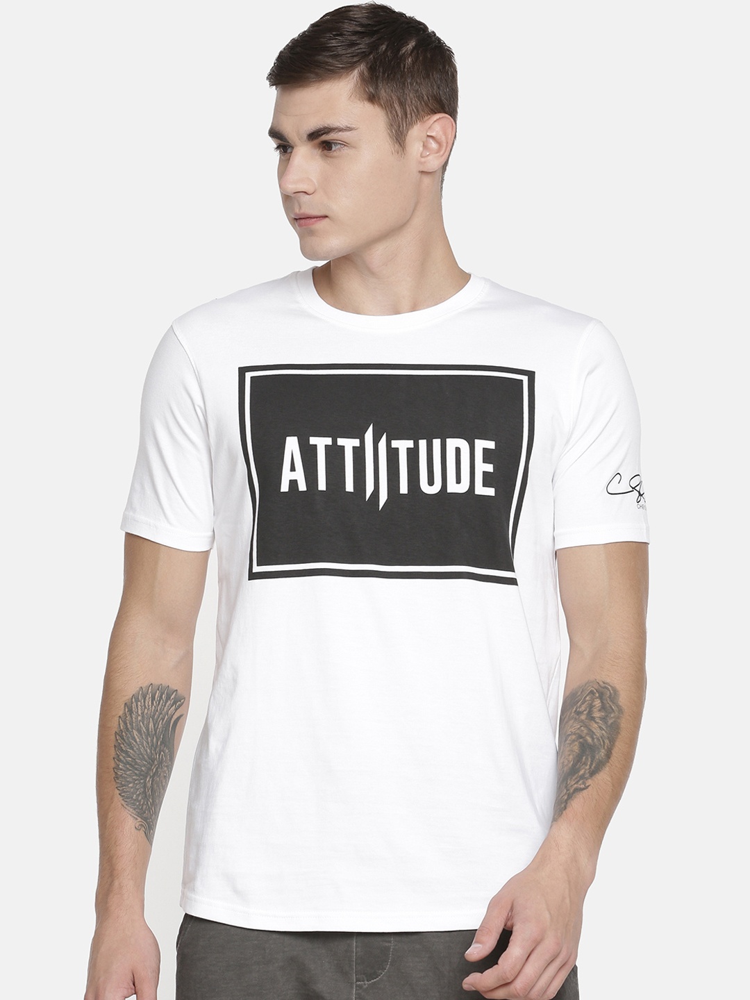 

ATTIITUDE Men White Printed Round Neck Slim Fit T-shirt