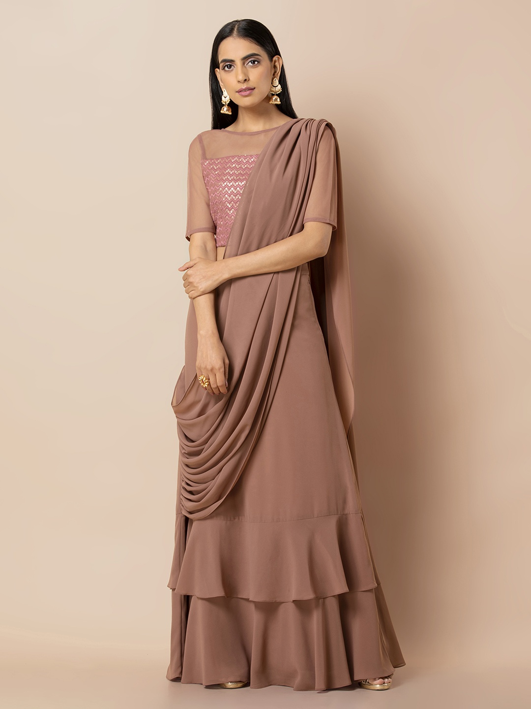 

INDYA Pink Ruffle Solid Saree