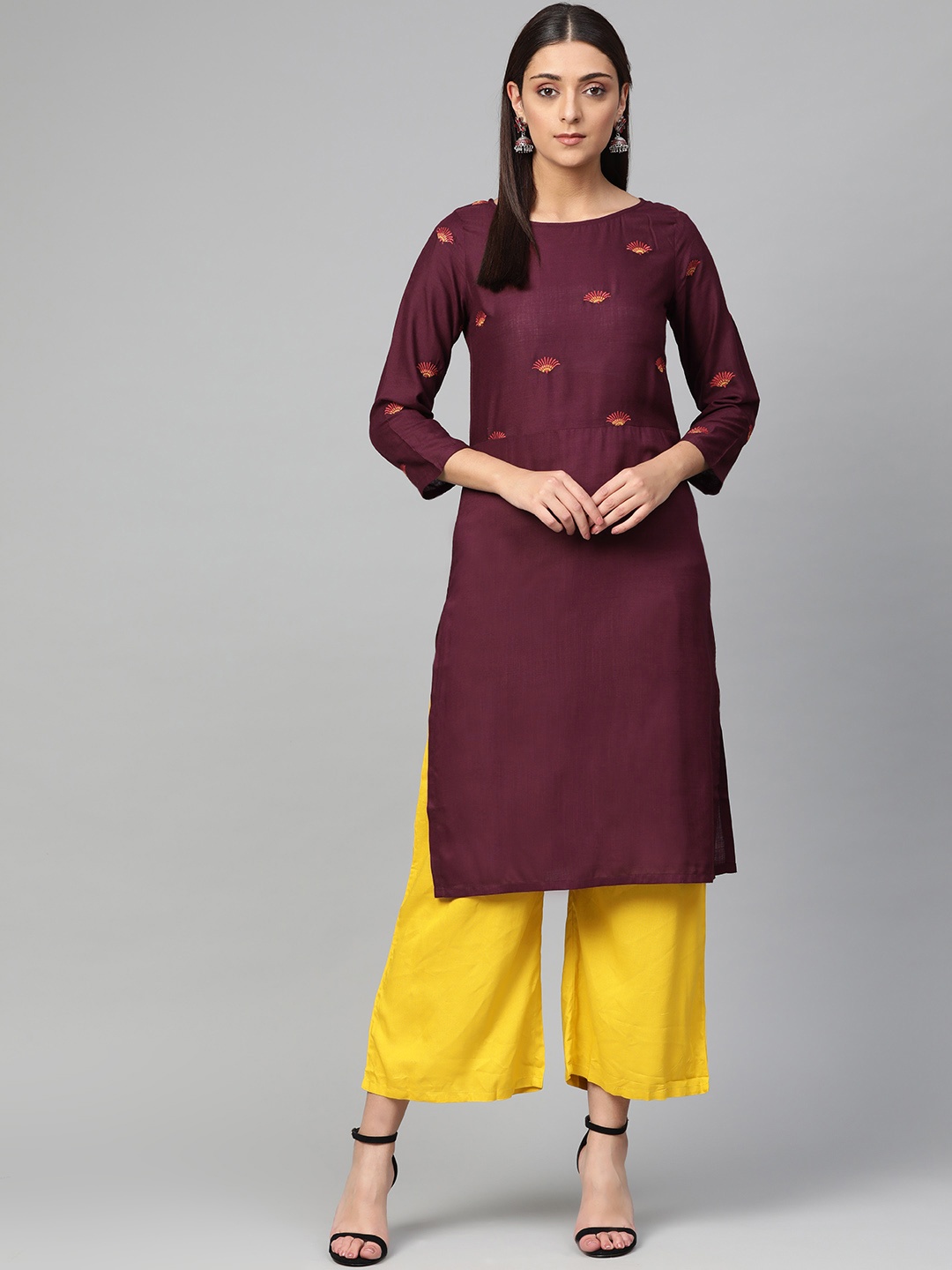 

Jompers Women Purple & Mustard Yellow Embroidered Kurta with Palazzos