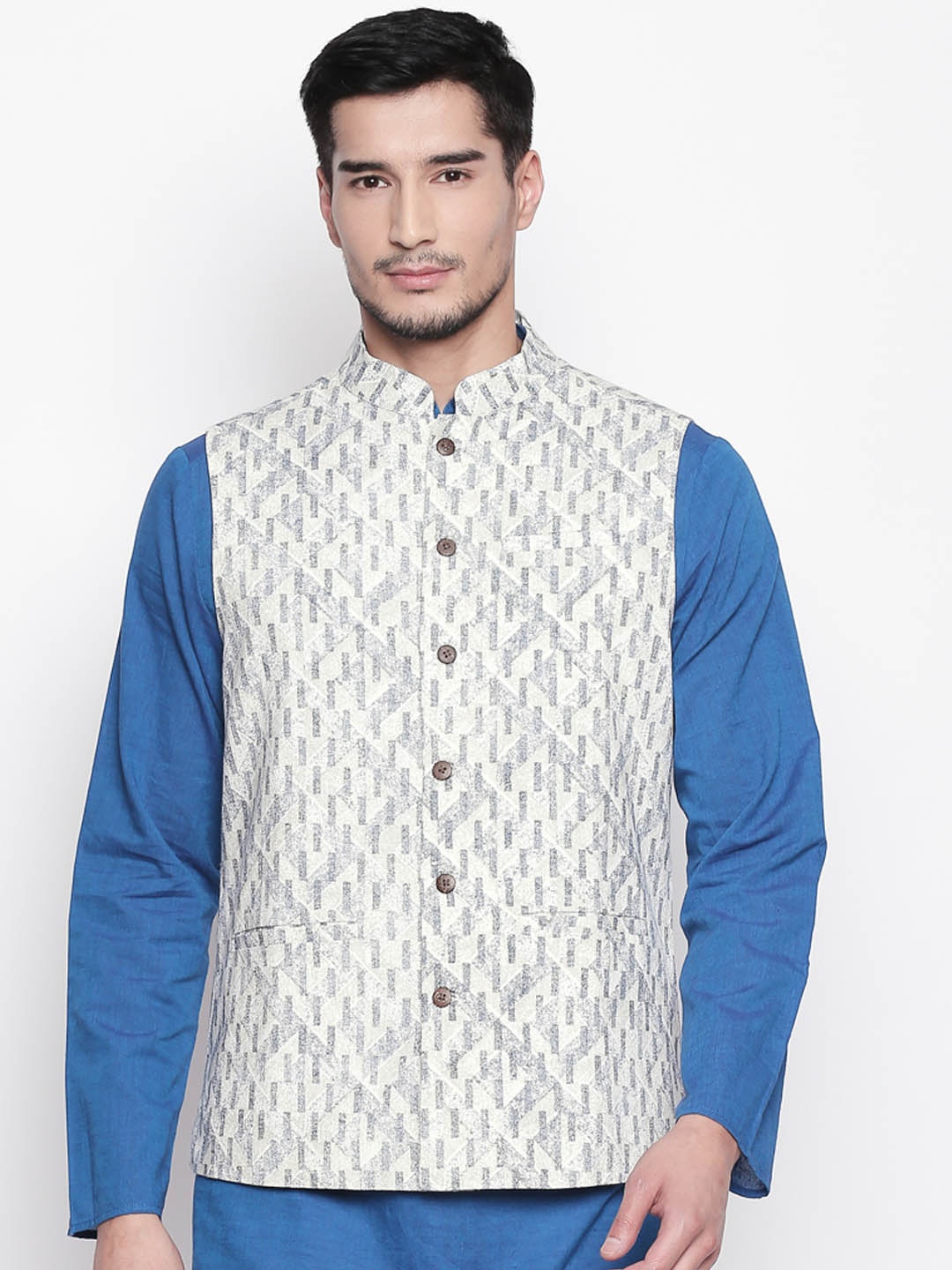 

indus route by Pantaloons Men Off-White Checked Pure Cotton Nehru Jacket