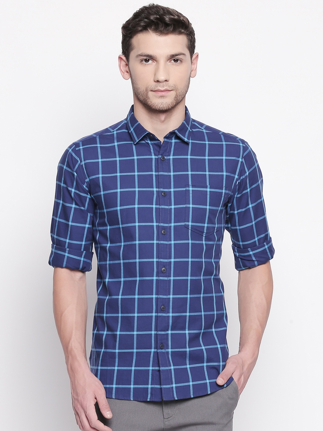 

BYFORD by Pantaloons Men Blue Slim Fit Checked Casual Shirt