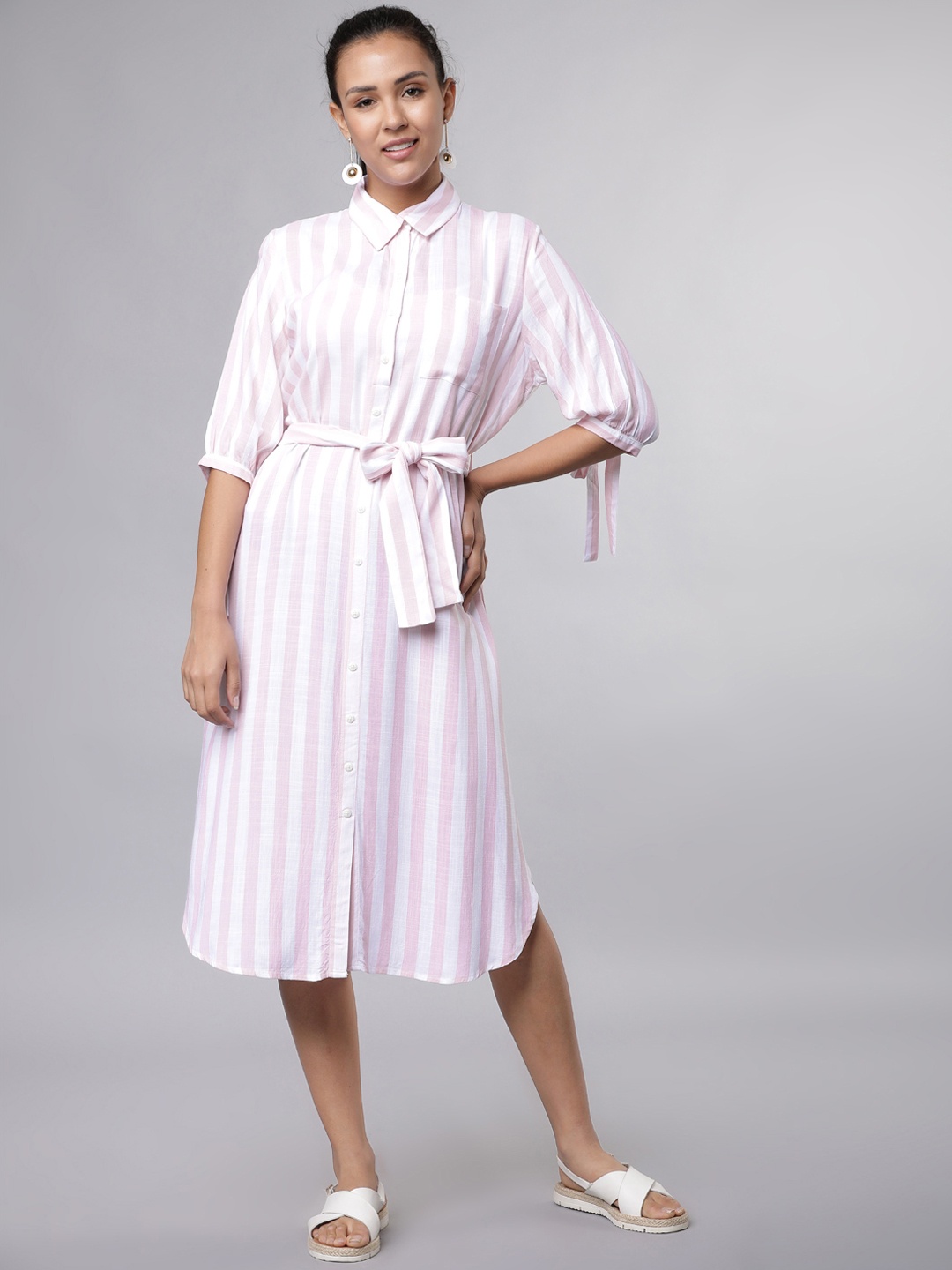 

Tokyo Talkies Women Pink Striped Shirt Dress