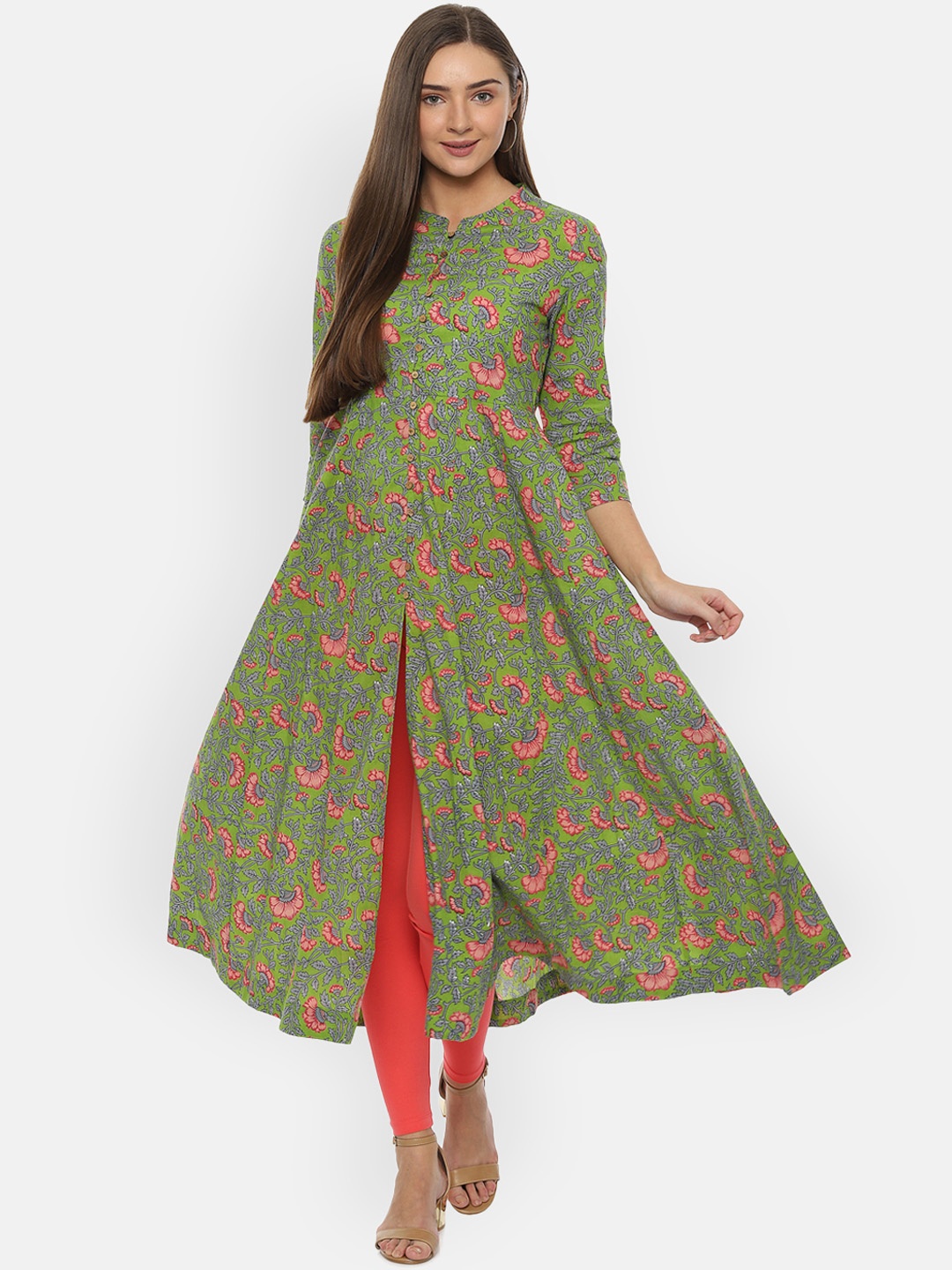 

People Women Green & Pink Printed A-Line Kurta