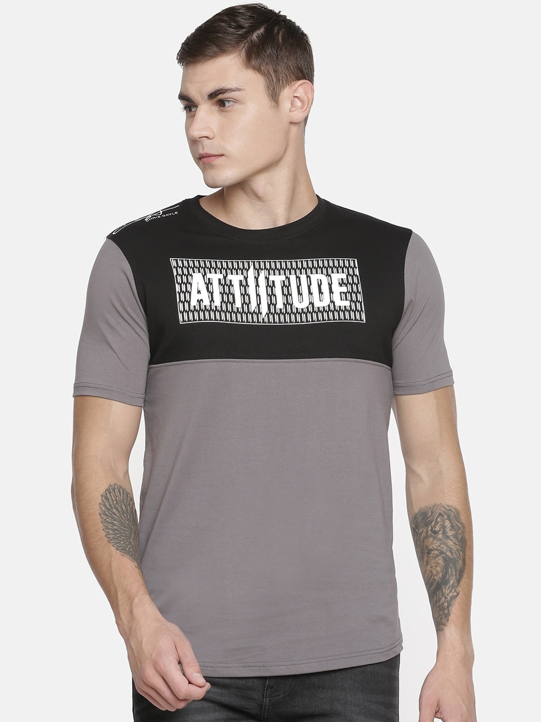 

ATTIITUDE Men Grey Printed Round Neck Slim Fit T-shirt
