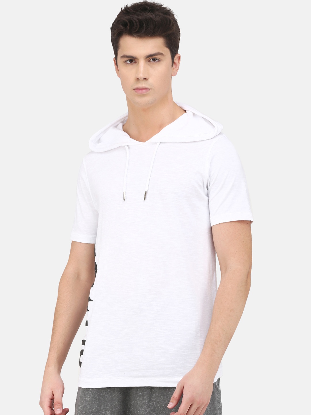 

ATTIITUDE Men White & Black Printed Hood Slim Fit T-shirt