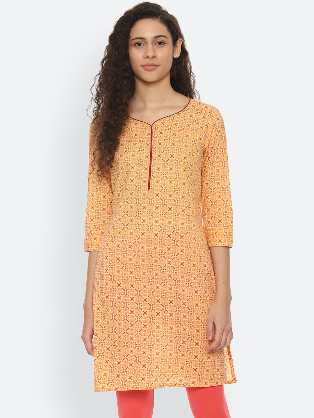 

People Women Yellow & Red Printed Straight Kurta