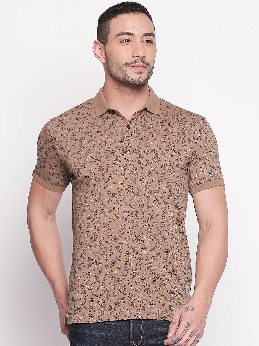 

Mufti Men Khaki Printed Polo Collar Pure Cotton T-shirt