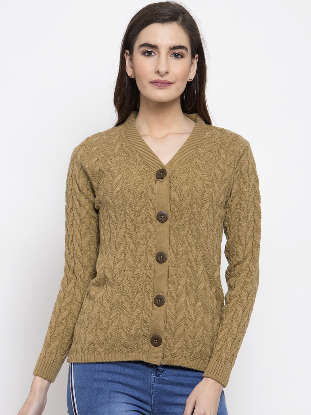 

Kalt Women Camel Brown Self Design Cardigan Sweater