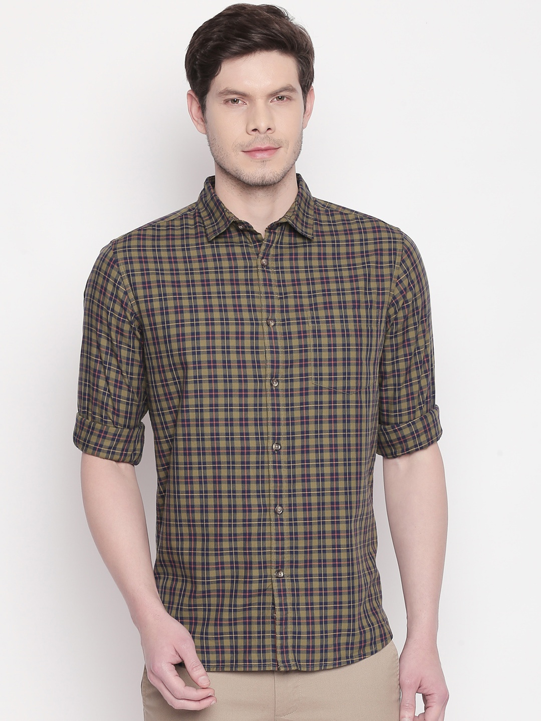 

BYFORD by Pantaloons Men Green & Blue Slim Fit Checked Casual Shirt