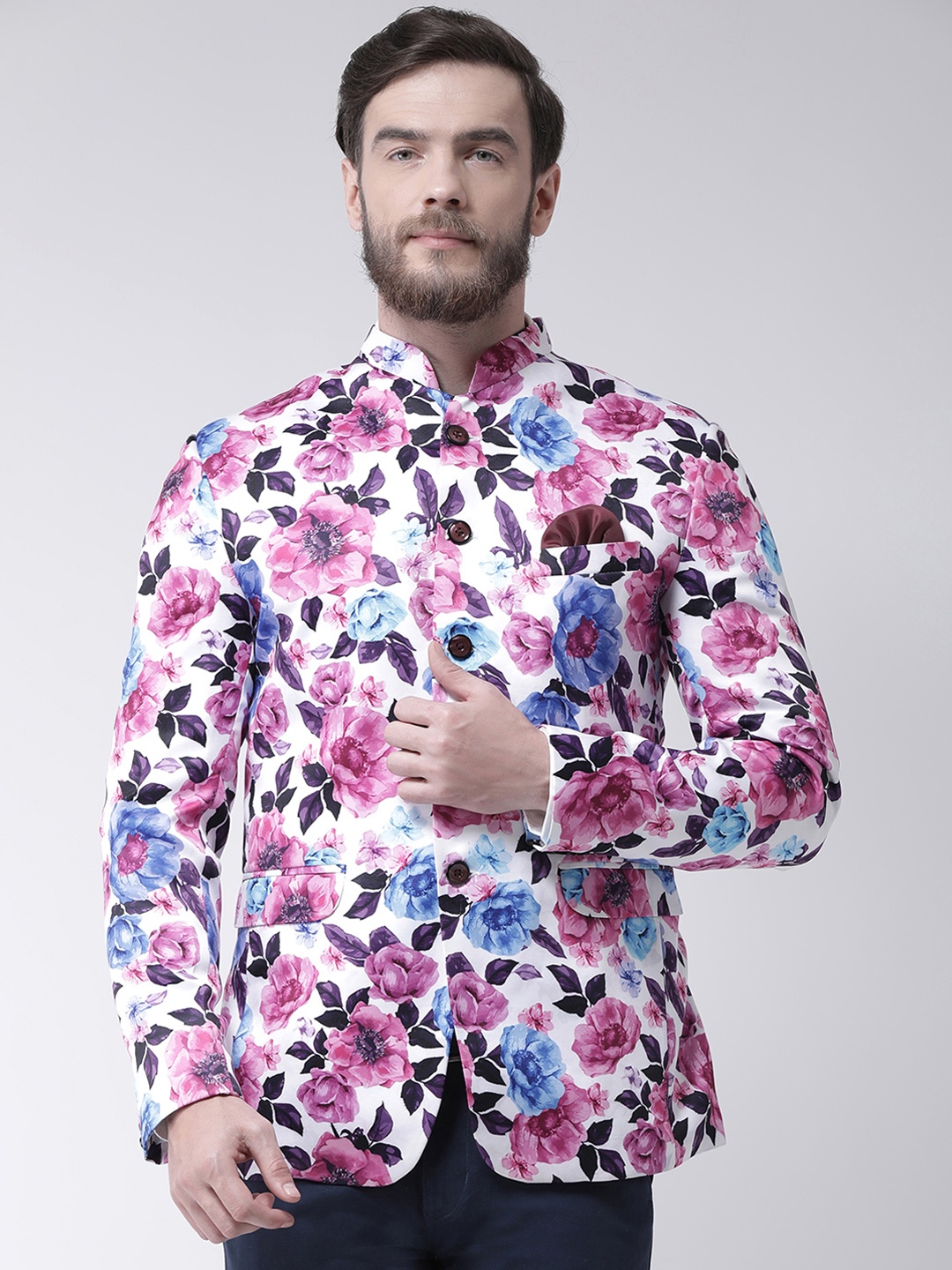 

Hangup Men White & Pink Printed Bandhgala Casual Blazer