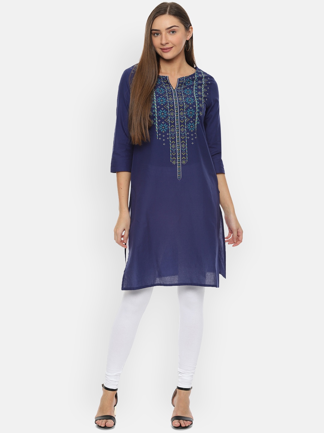 

People Women Blue Printed Straight Kurta