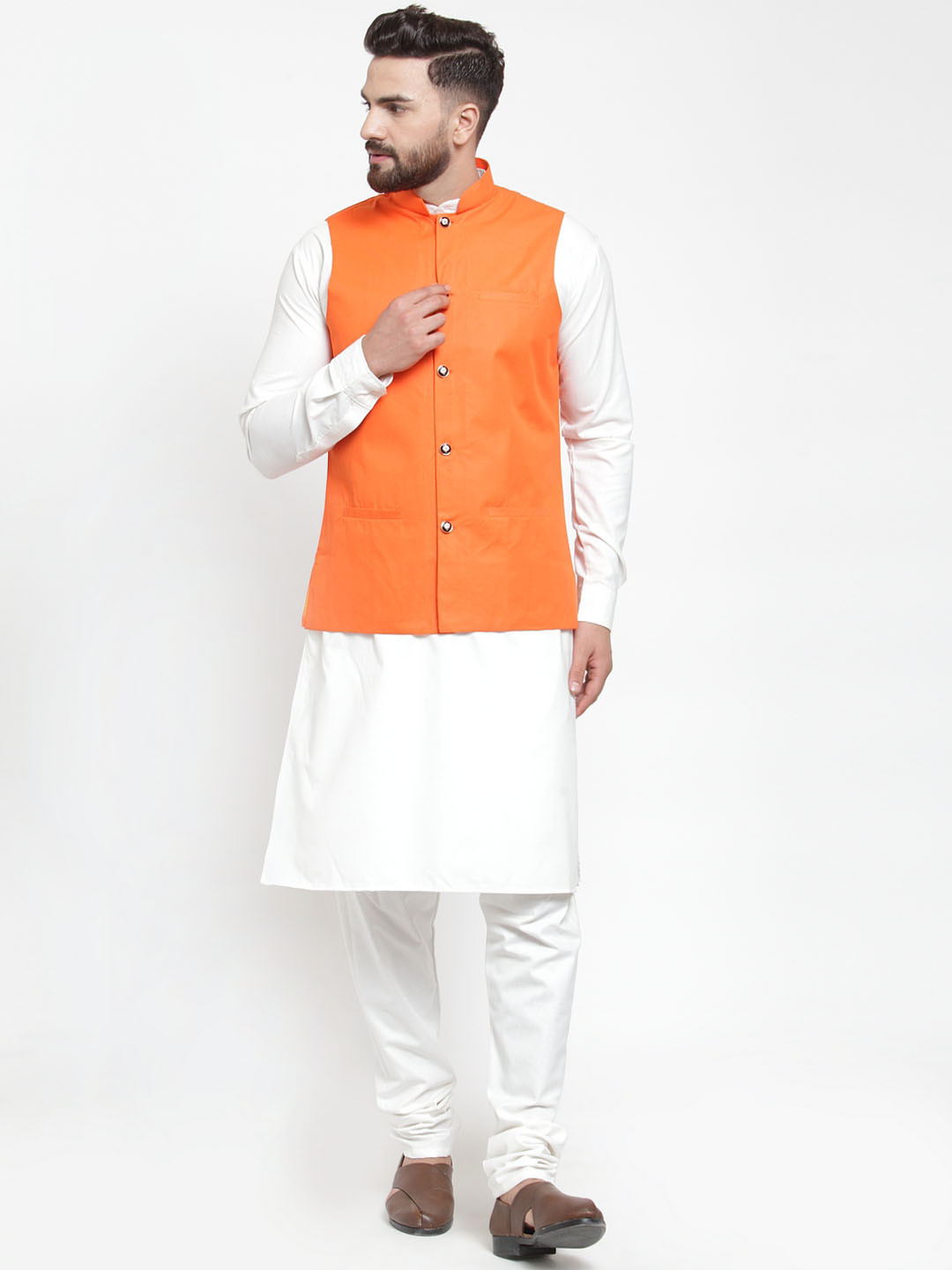 

Jompers Men White & Orange Solid Kurta with Churidar