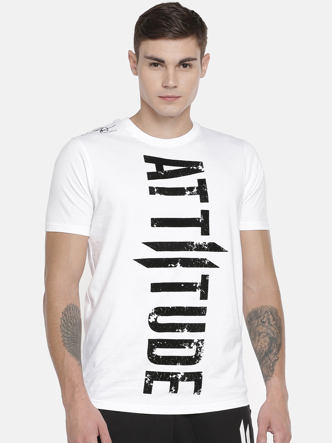 

ATTIITUDE Men White Printed Round Neck Pure Cotton Slim Fit T-shirt