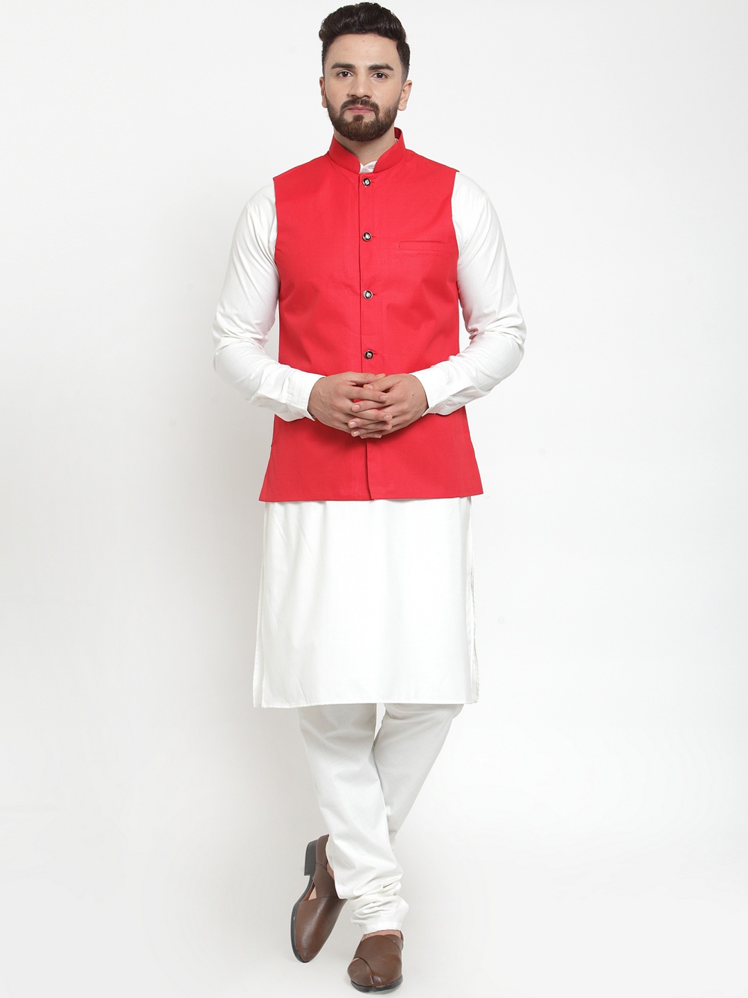 

Jompers Men White & Red Solid Kurta Set