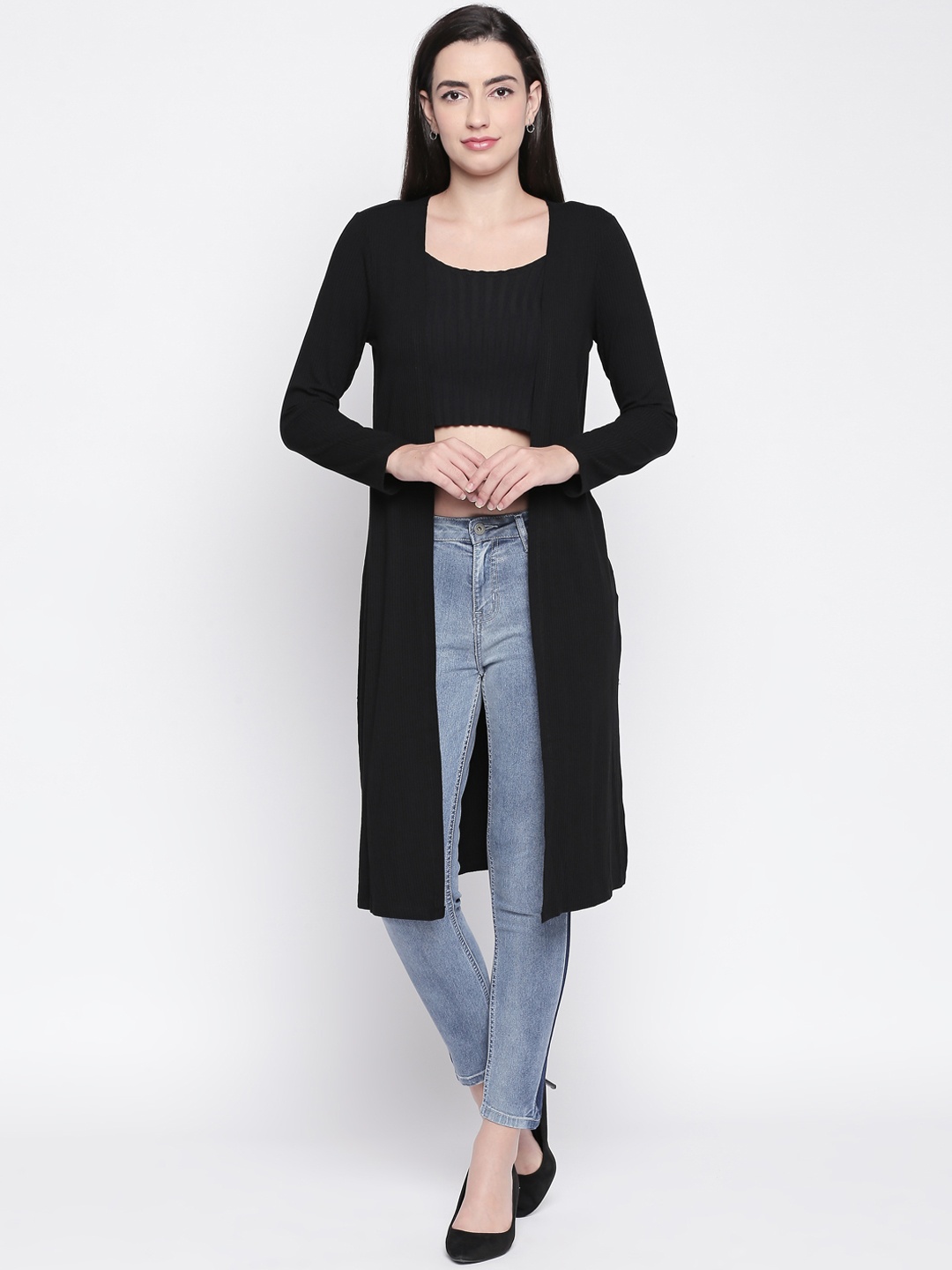 

Honey by Pantaloons Women Black Solid Open Front Shrug