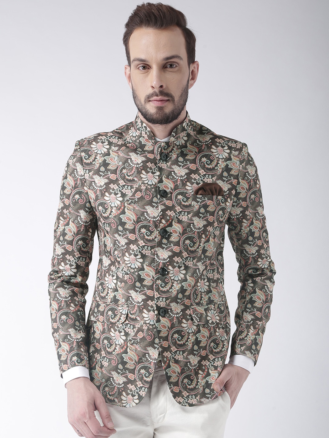 

Hangup Men Brown Printed Bandhgala Blazer
