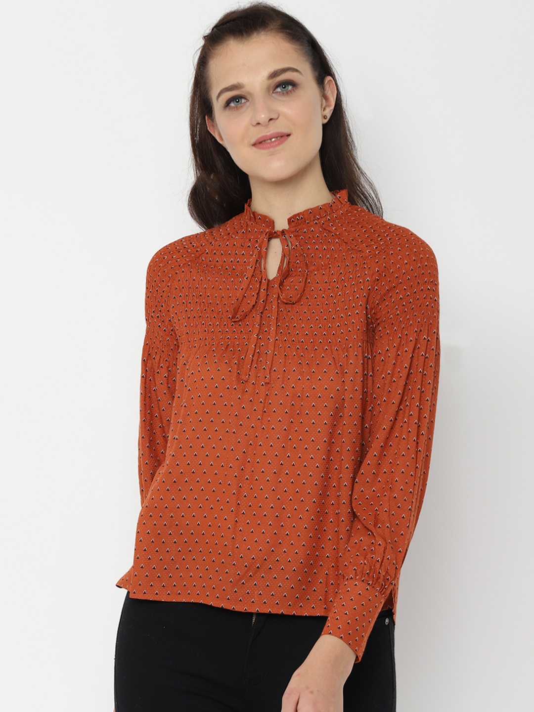 

People Women Rust Orange & Black Printed Regular Top