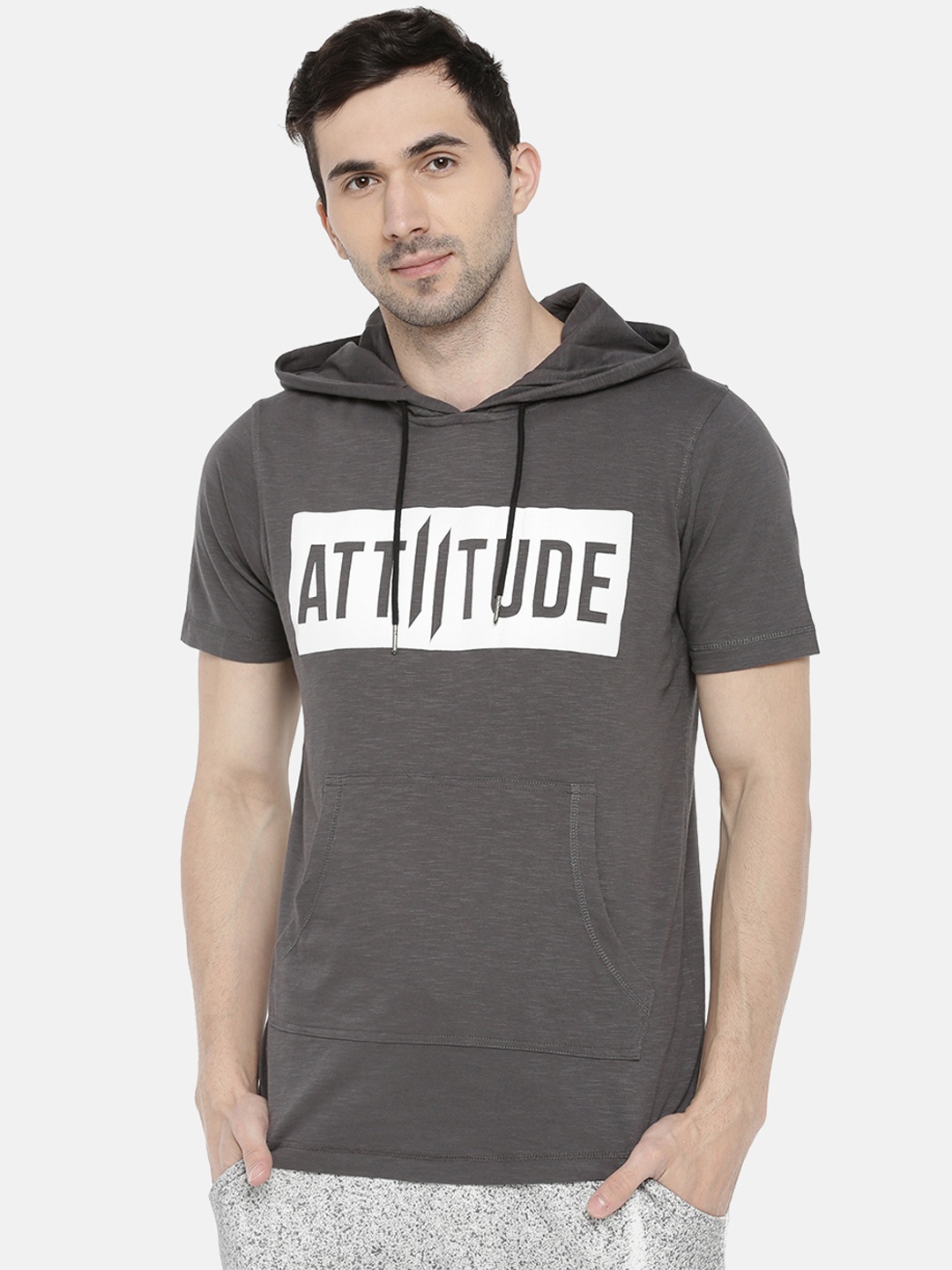 

ATTIITUDE Men Grey Printed Hooded Slim Fit T-shirt