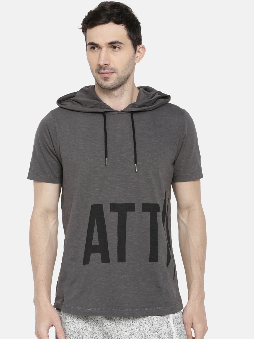 ATTIITUDE Men Grey Printed Hood Slim Fit T-shirt