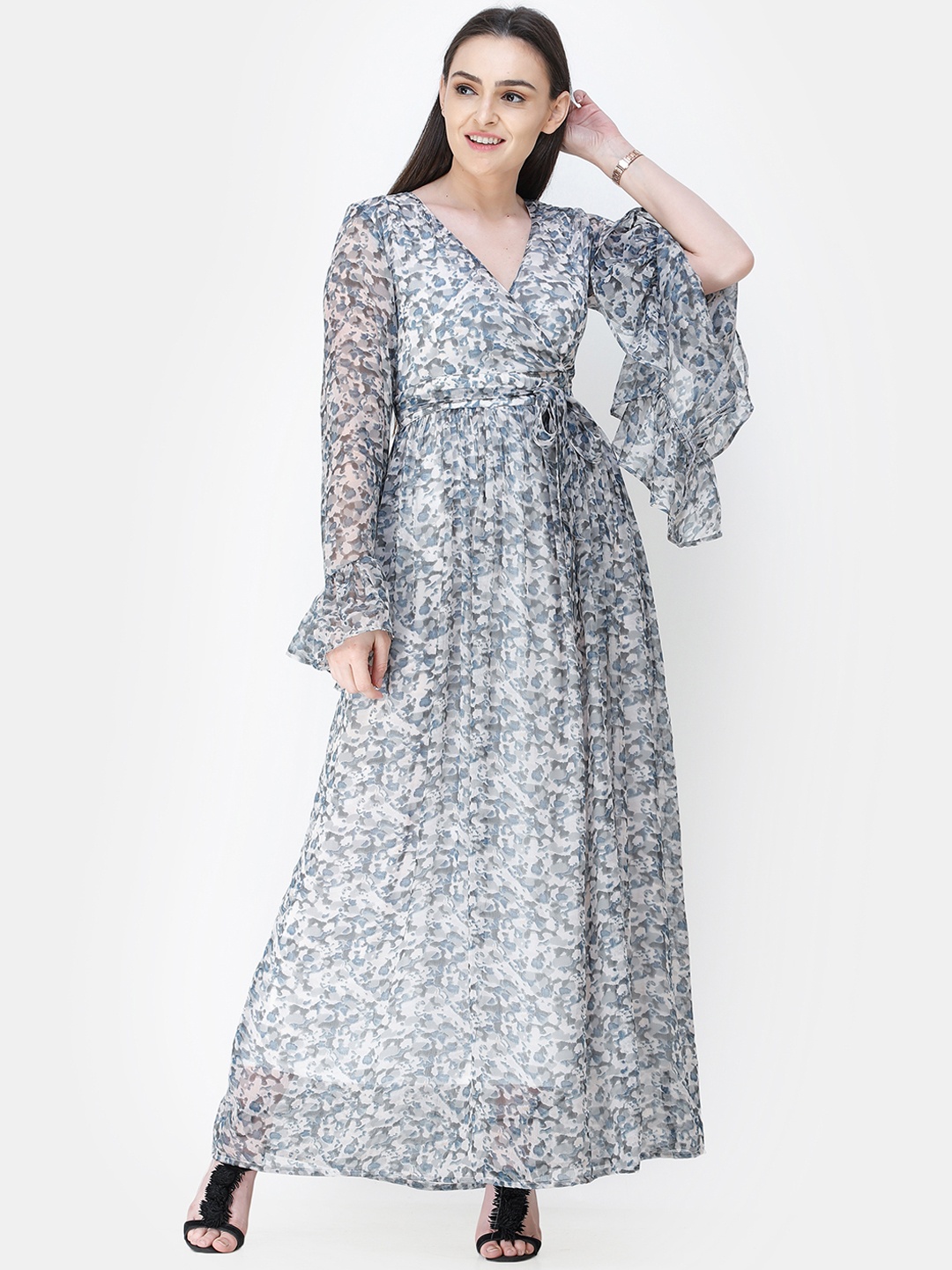 

Cation Women Grey & Blue Printed Wrap Maxi Dress