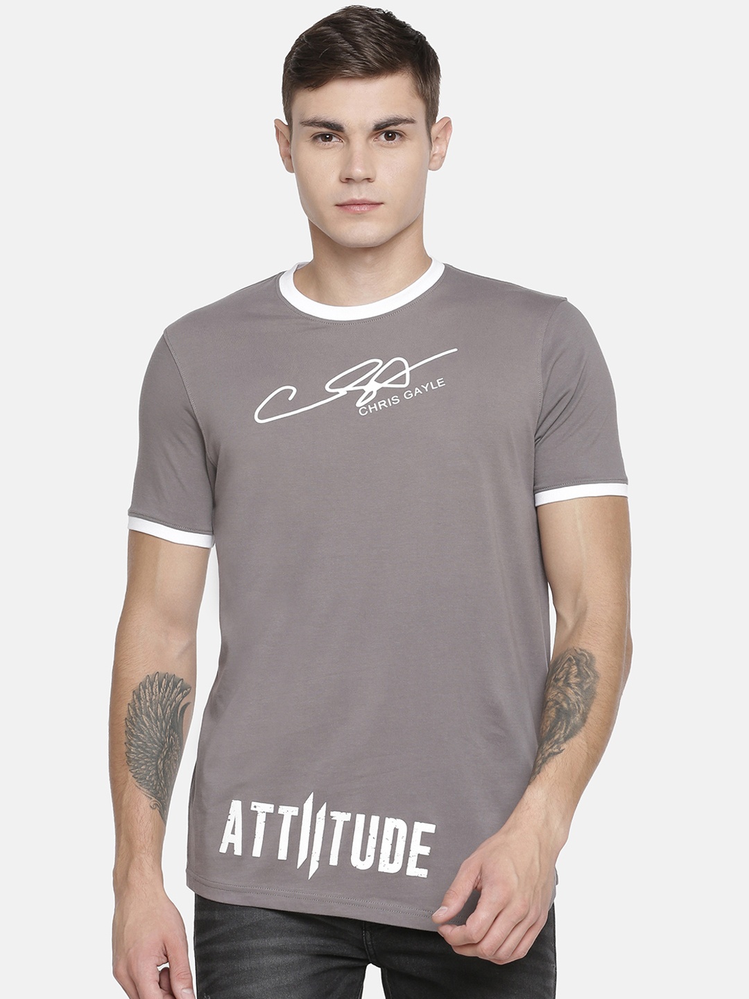 

ATTIITUDE Men Grey Printed Round Neck Slim Fit T-shirt