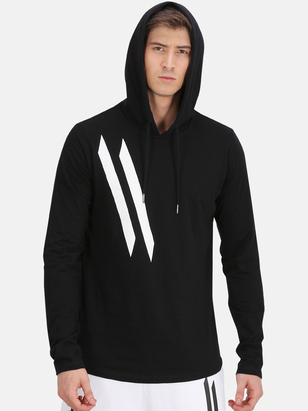 

ATTIITUDE Men Black & White Printed Hooded Slim Fit T-shirt