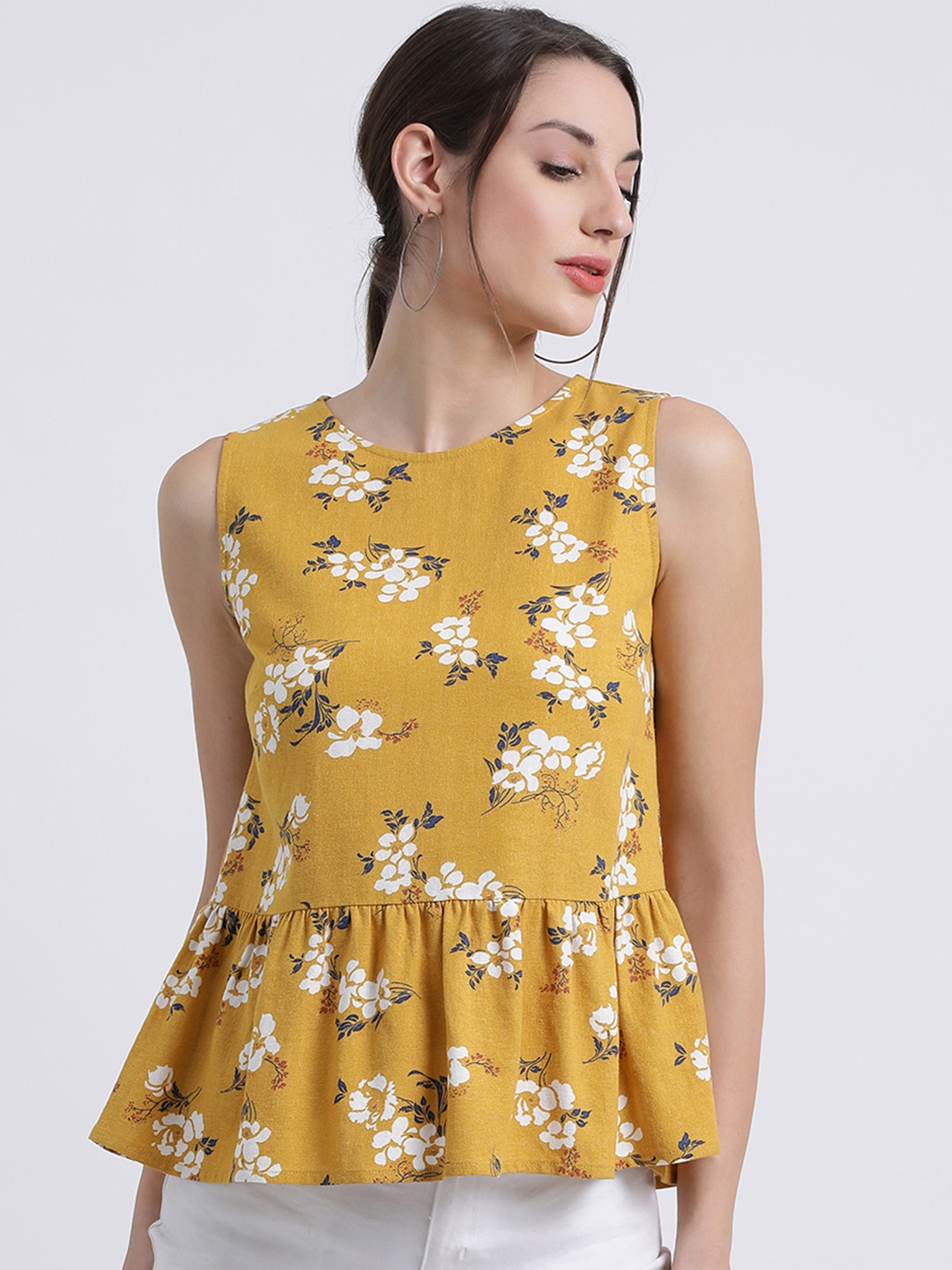 

Zink London Women Mustard Yellow & White Printed Peplum Top