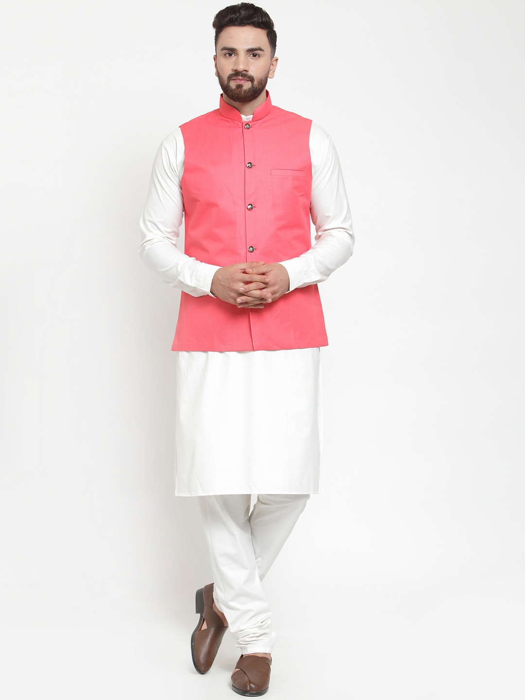 

Jompers Men White & Peach-Coloured Solid Kurta with Churidar