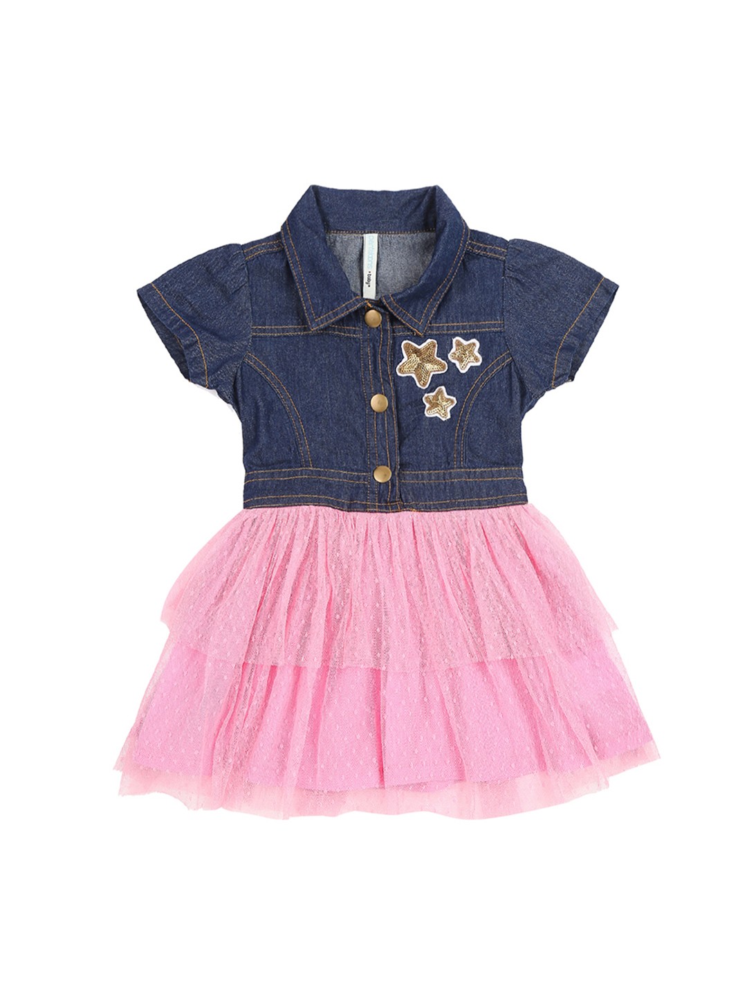 

Pantaloons Baby Girls Navy Blue & Pink Colourblocked Shirt Dress