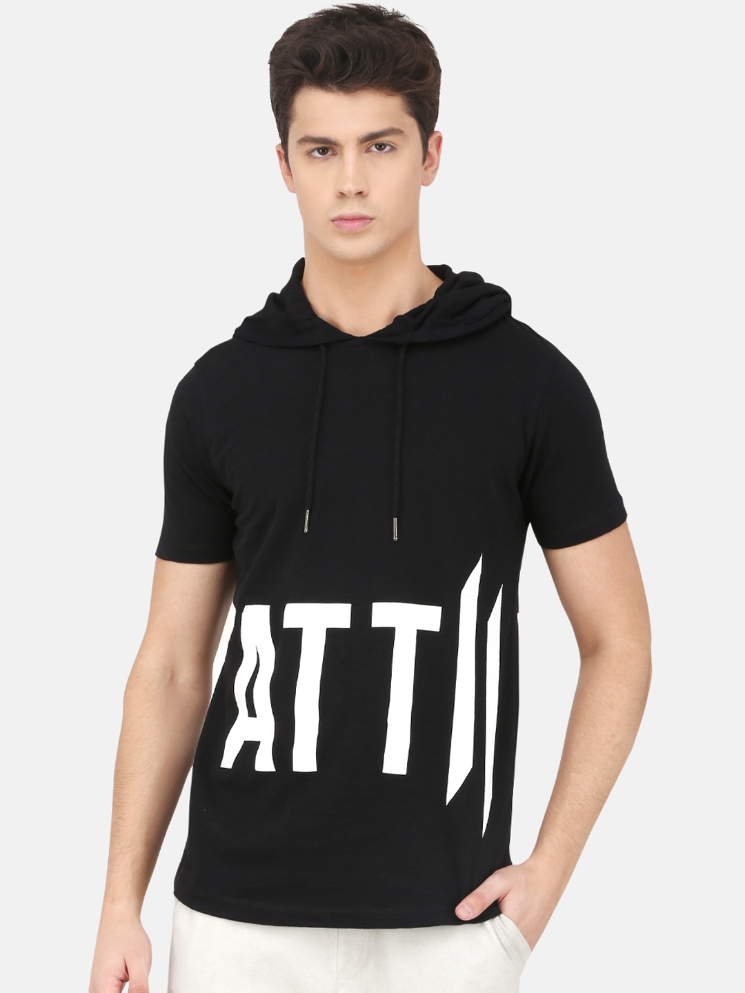 

ATTIITUDE Men Black & White Printed Hood Slim Fit T-shirt