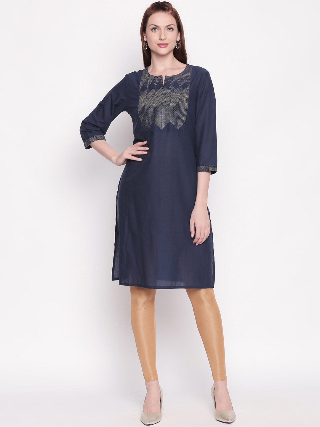 

RANGMANCH BY PANTALOONS Women Navy Blue Yoke Design Straight Kurta