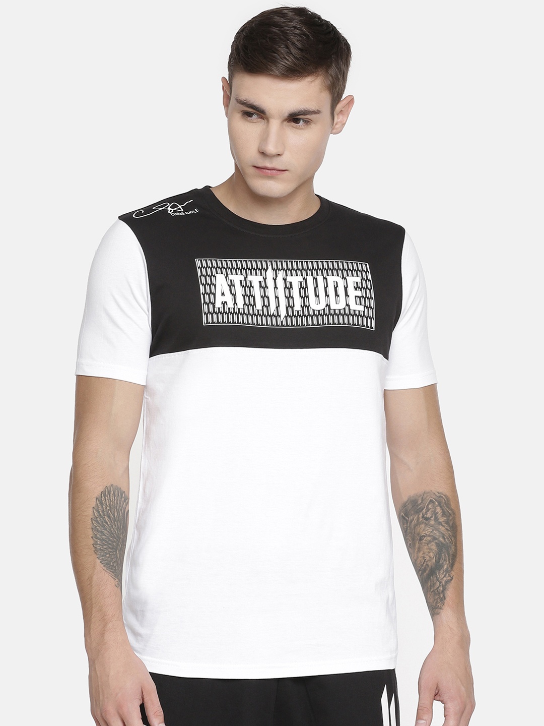 

ATTIITUDE Men White Colourblocked Round Neck Slim Fit T-shirt