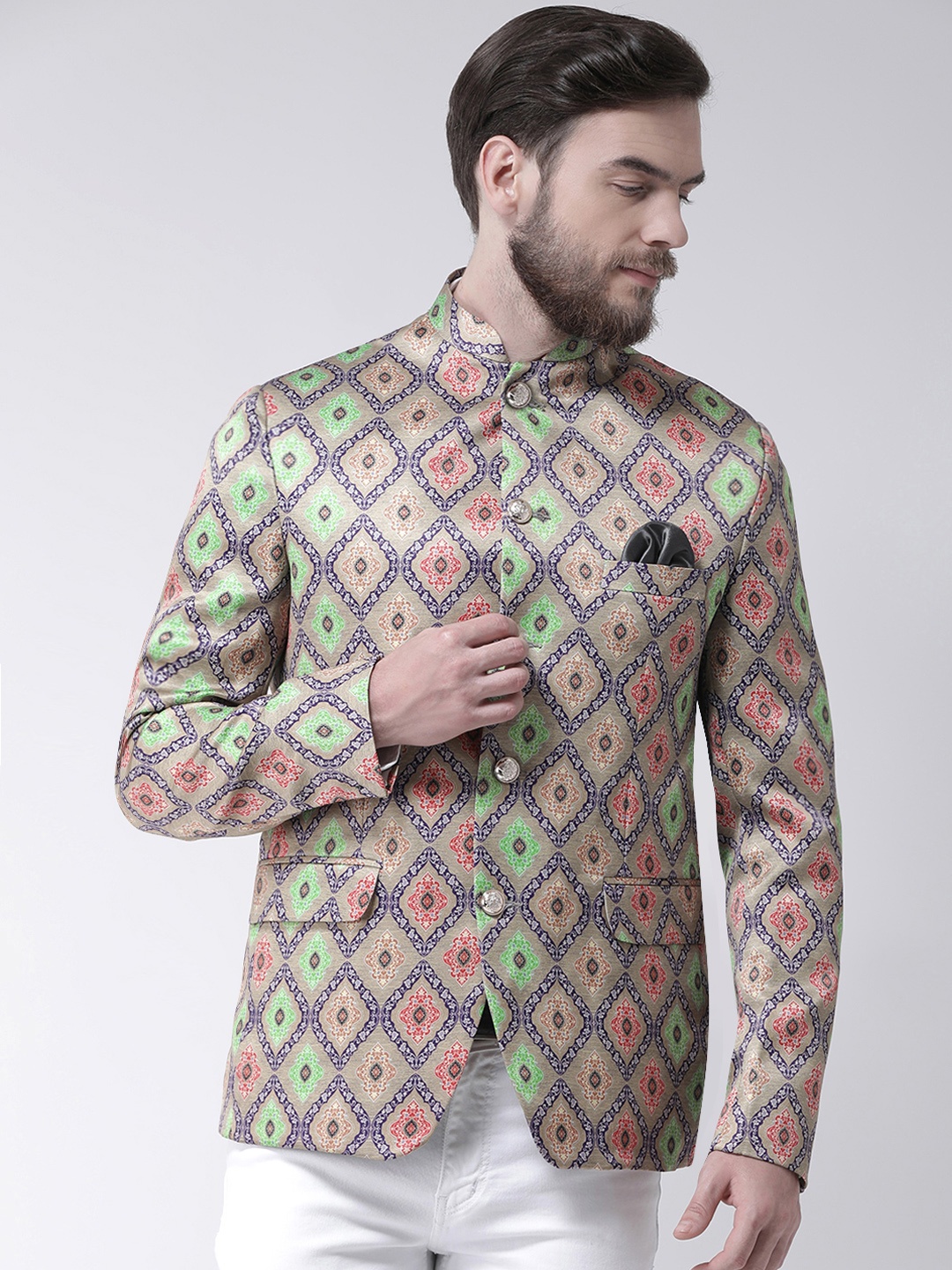 

Hangup Men Grey & Blue Printed Bandhgala Casual Blazer