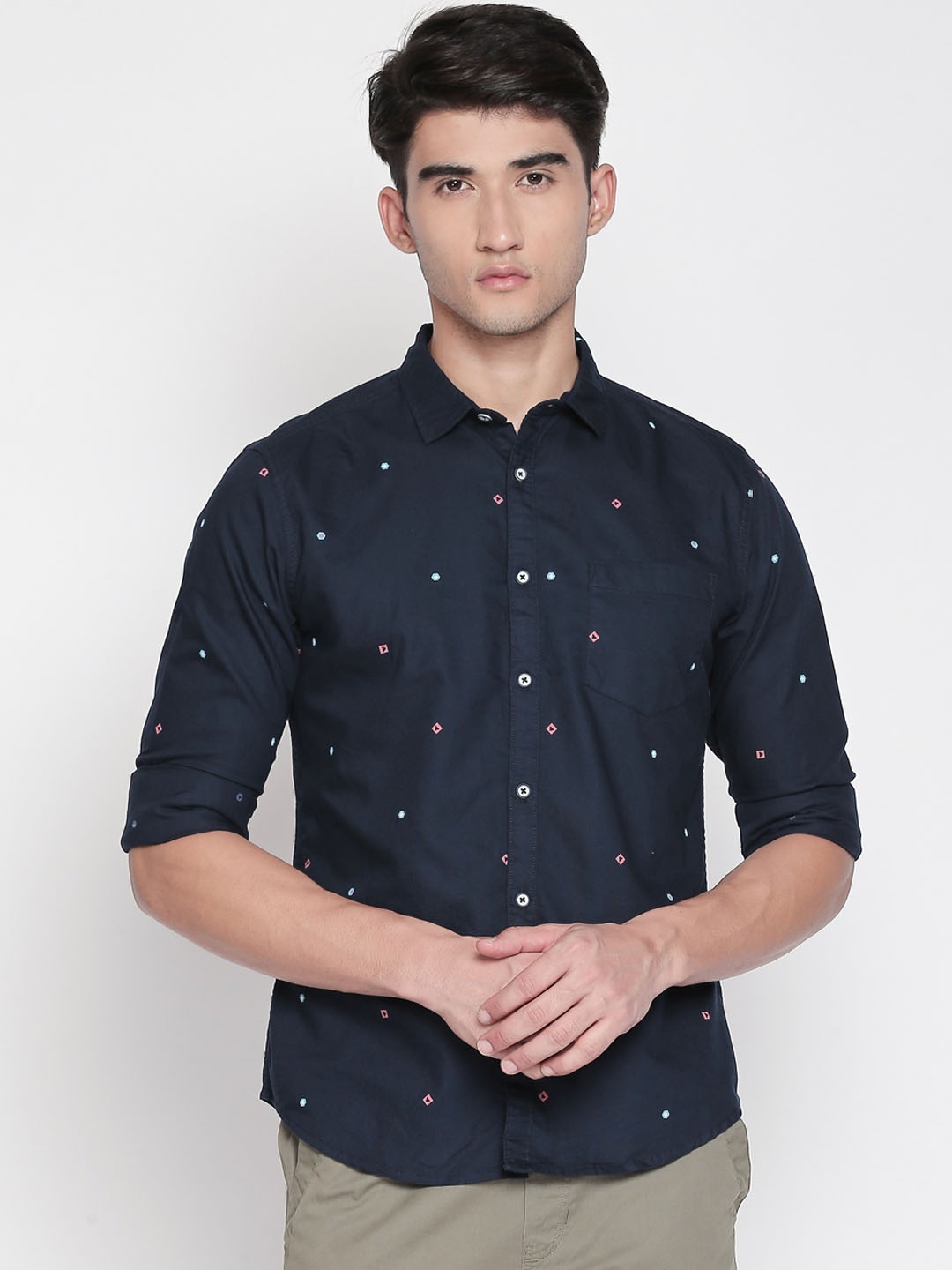 

Urban Ranger by pantaloons Men Navy Blue & Peach-Coloured Slim Fit Printed Casual Shirt