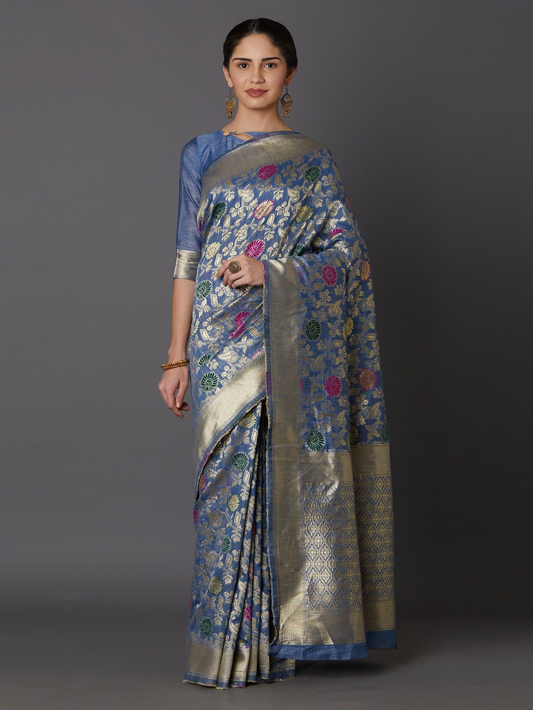 

Mitera Blue & Gold-Coloured Silk Blend Woven Design Kanjeevaram Saree