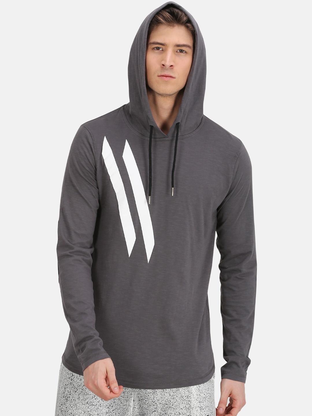 

ATTIITUDE Men Grey Striped Hood Slim Fit T-shirt