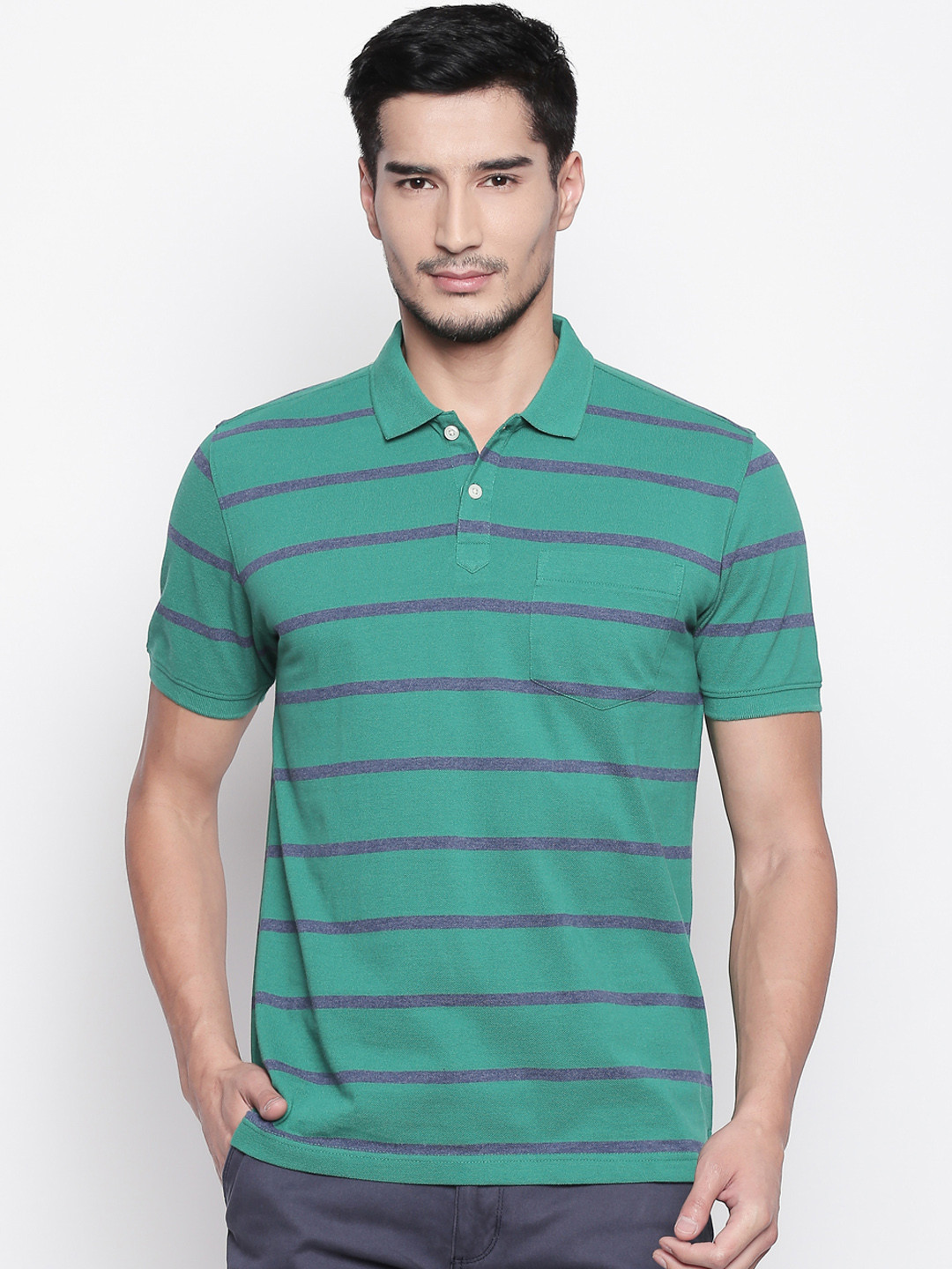 

BYFORD by Pantaloons Men Green & Navy Blue Striped Polo Collar T-shirt